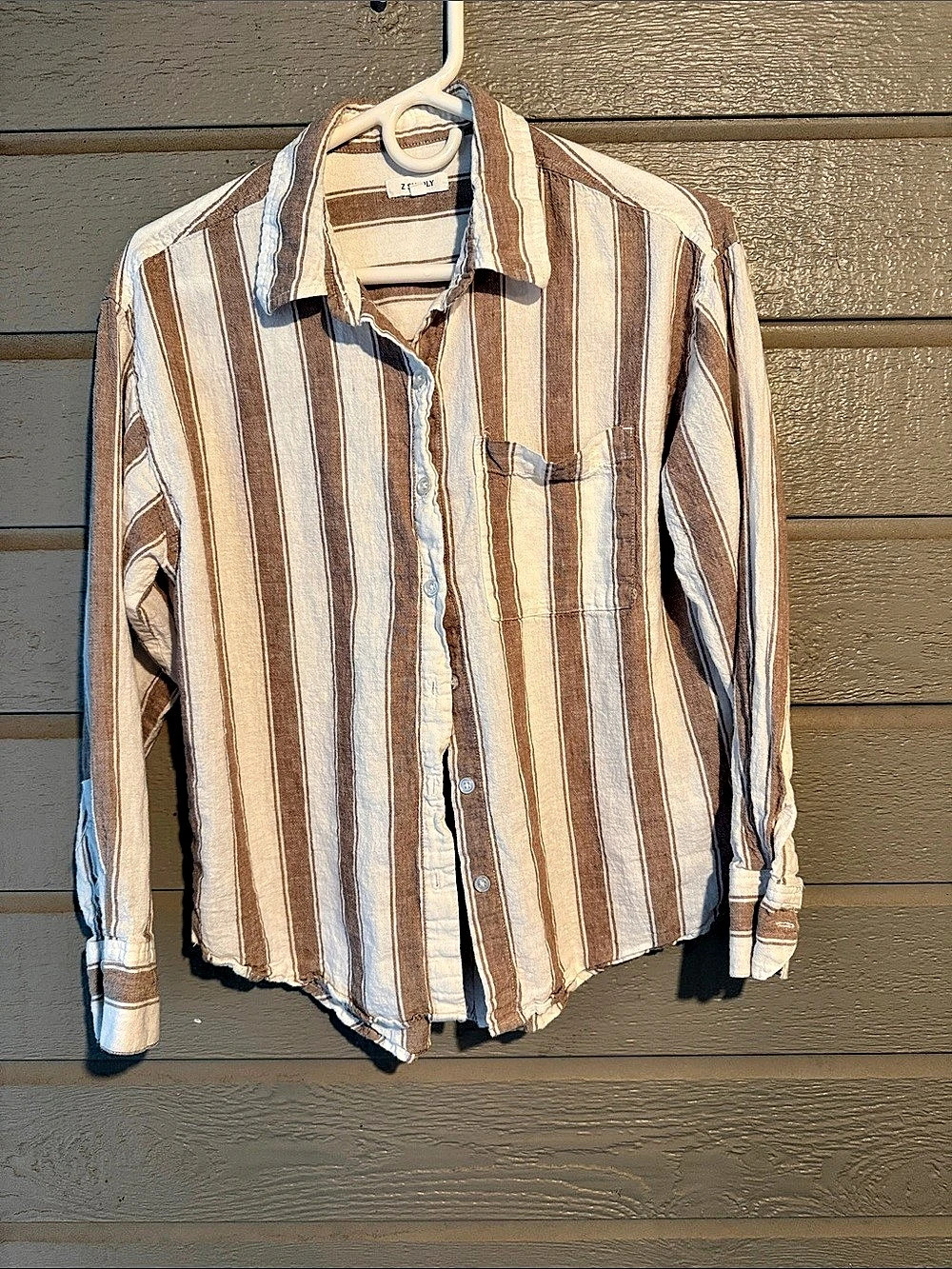 Z Supply The Perfect Striped Button Up Brown & White Small